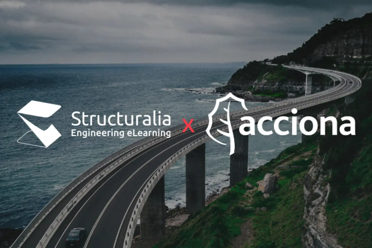 Logos de Structuralia Engineering eLearning y Acciona sobre una carretera elevada junto al mar