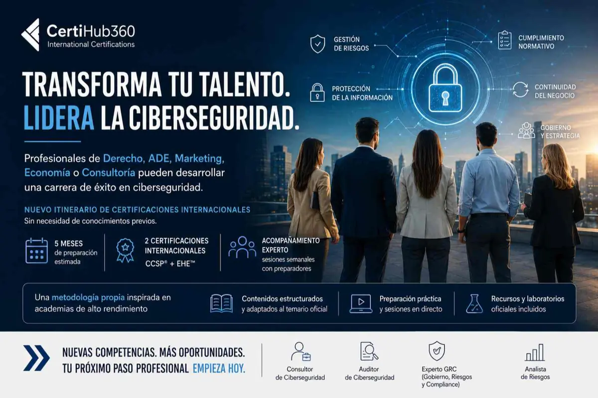 Banner publicitario de CertiHub360 sobre certificaciones internacionales en ciberseguridad con un grupo de profesionales de espaldas mirando una ciudad y un gran icono de candado digital rodeado de conceptos como gestión de riesgos protección de la información cumplimiento normativo y continuidad del negocio