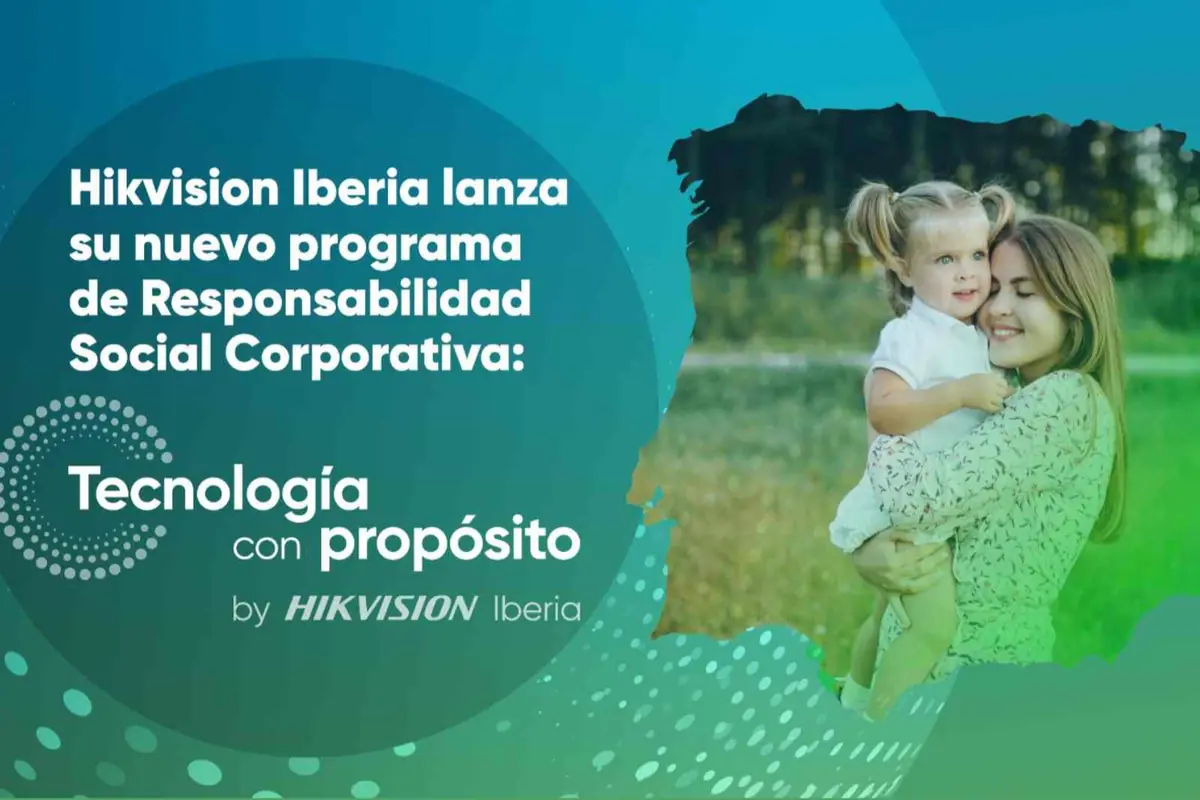 Banner de Hikvision Iberia sobre su programa de Responsabilidad Social Corporativa Tecnología con propósito junto a la imagen de una mujer abrazando a una niña en un entorno natural
