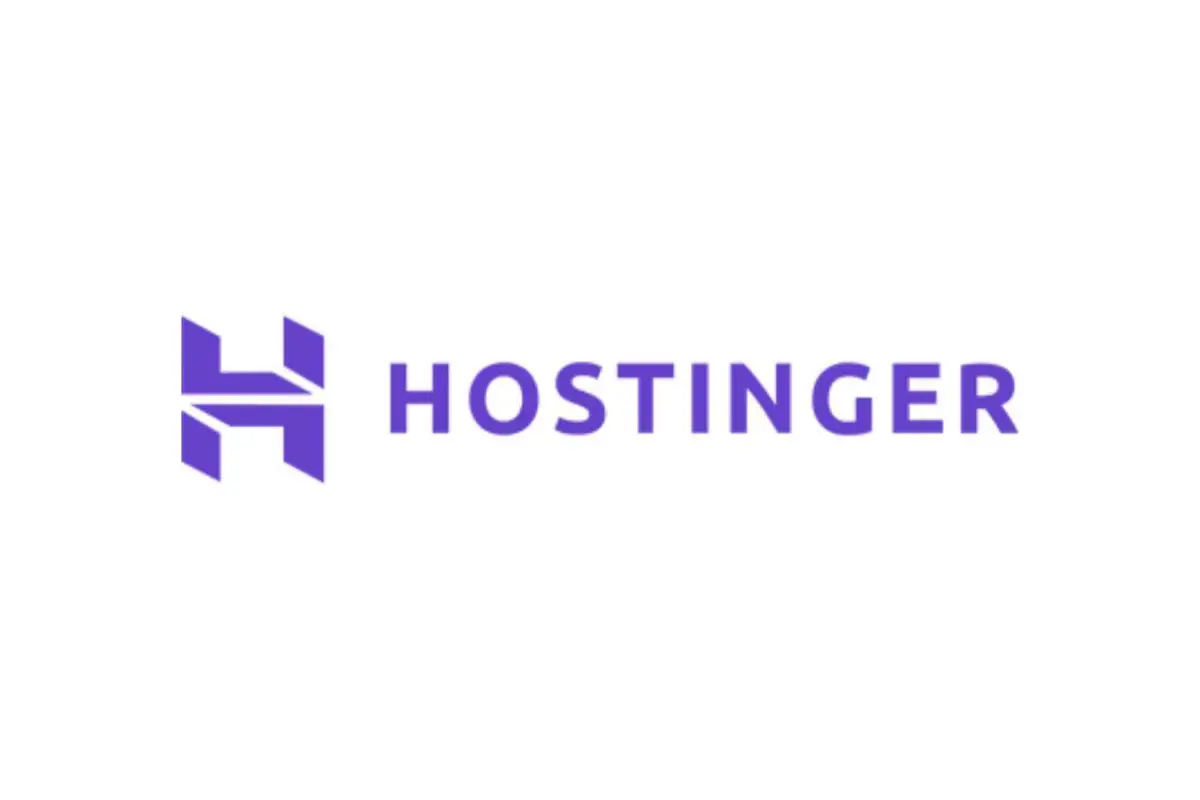 Logotipo de Hostinger con símbolo morado en forma de H y texto Hostinger en letras mayúsculas sobre fondo blanco