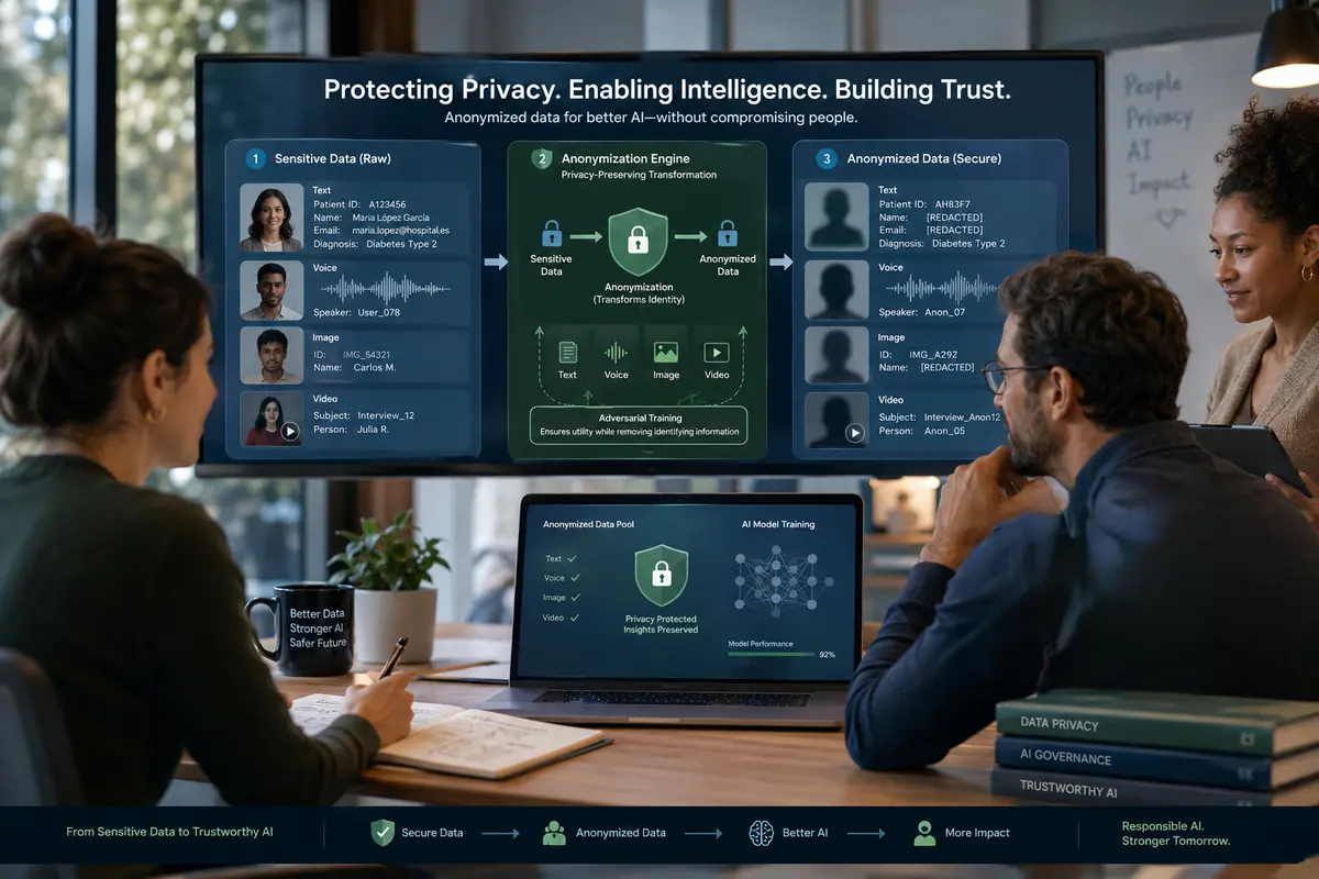 Tres personas en una sala de reuniones observan una gran pantalla y un portátil que muestran un diagrama sobre anonimización de datos y protección de la privacidad para entrenar modelos de inteligencia artificial de forma segura