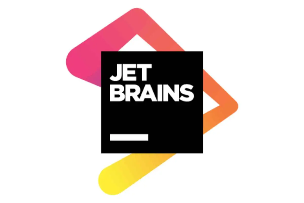 Logotipo de JetBrains con texto blanco sobre fondo negro y figura geométrica degradada en rosa naranja y amarillo detrás