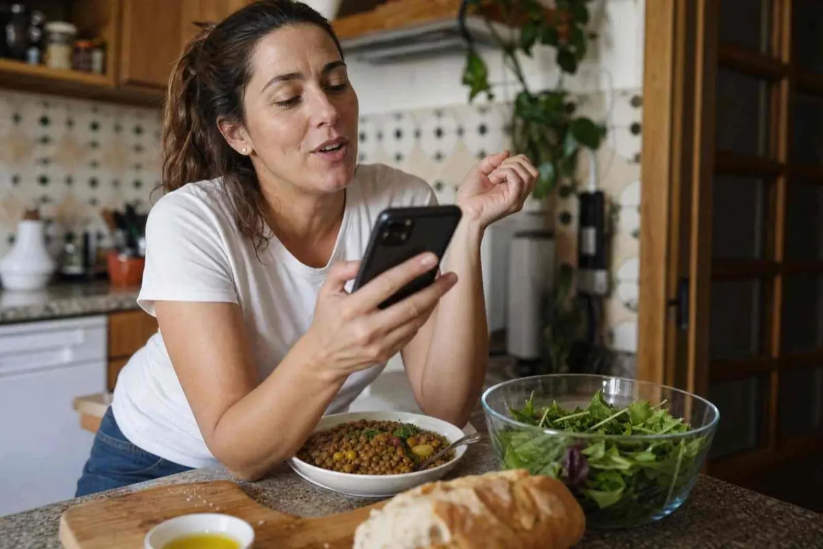 Mujer en la cocina mirando su teléfono móvil mientras come un plato de lentejas junto a una ensalada y una barra de pan Mujer en la cocina mirando su teléfono móvil mientras come un plato de lentejas junto a una ensalada y una barra de pan