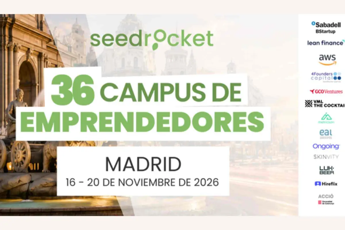 Banner del 36 Campus de Emprendedores de SeedRocket en Madrid del 16 al 20 de noviembre de 2026 con la Cibeles de fondo y logotipos de patrocinadores en el lateral