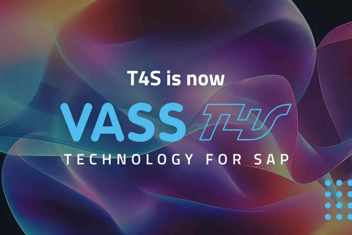 Imagen corporativa con el mensaje T4S is now VASS Technology for SAP sobre un fondo abstracto de colores brillantes Imagen corporativa con el mensaje T4S is now VASS Technology for SAP sobre un fondo abstracto de colores brillantes