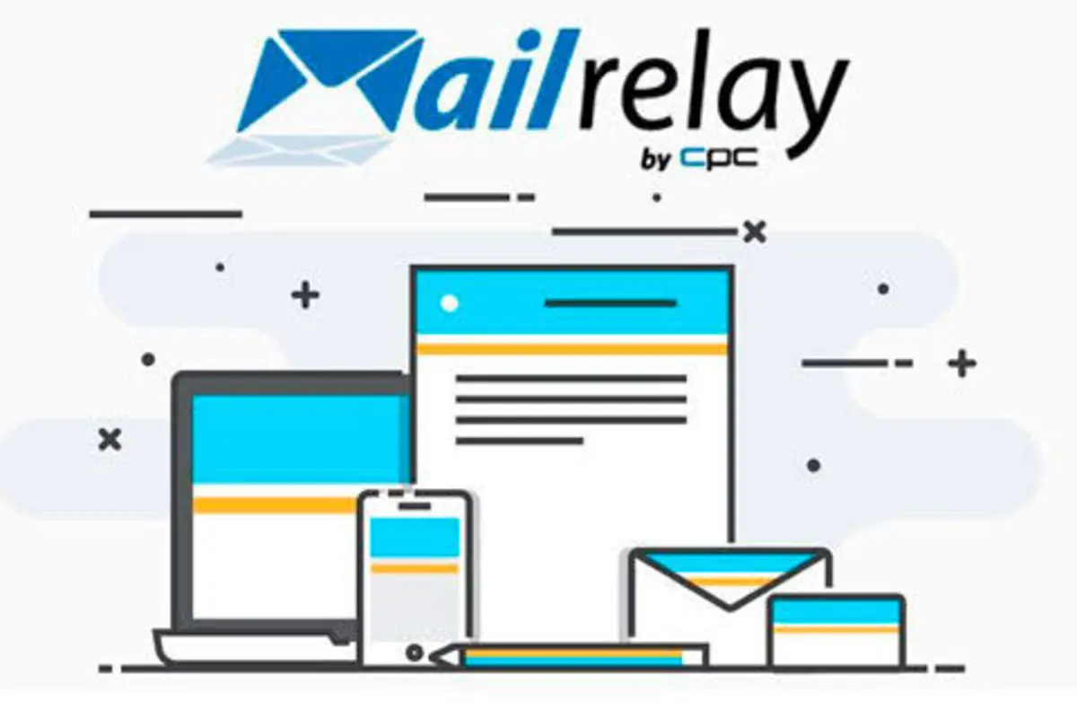 Ilustración del logo de Mailrelay con dispositivos y sobres representando una plataforma de email marketing