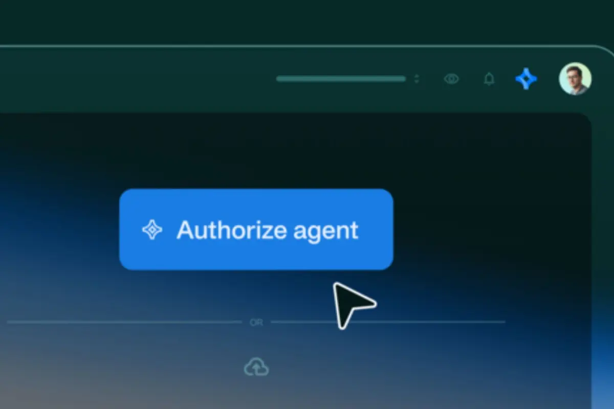 Interfaz oscura con un gran botón azul que dice Authorize agent y un cursor apuntando hacia él