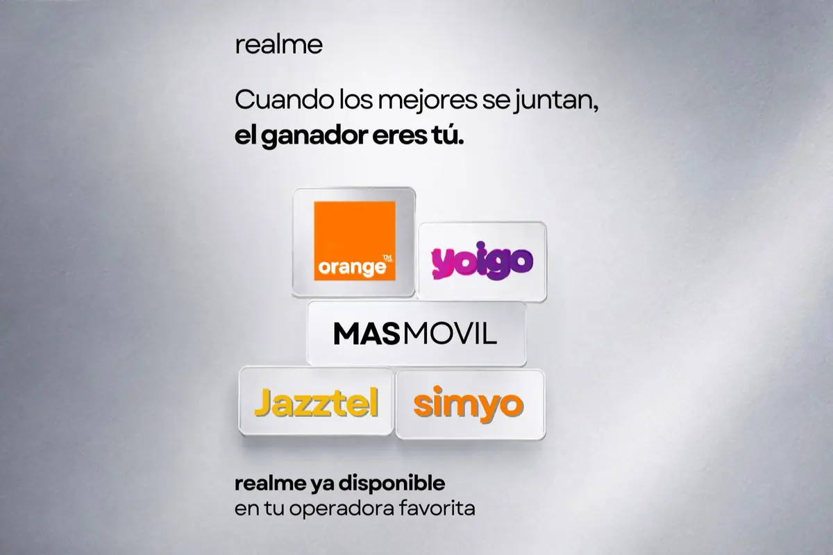 Anuncio de realme que muestra el mensaje cuando los mejores se juntan el ganador eres tú junto a los logotipos de las operadoras Orange Yoigo MásMóvil Jazztel y Simyo indicando que realme ya está disponible en tu operadora favorita
