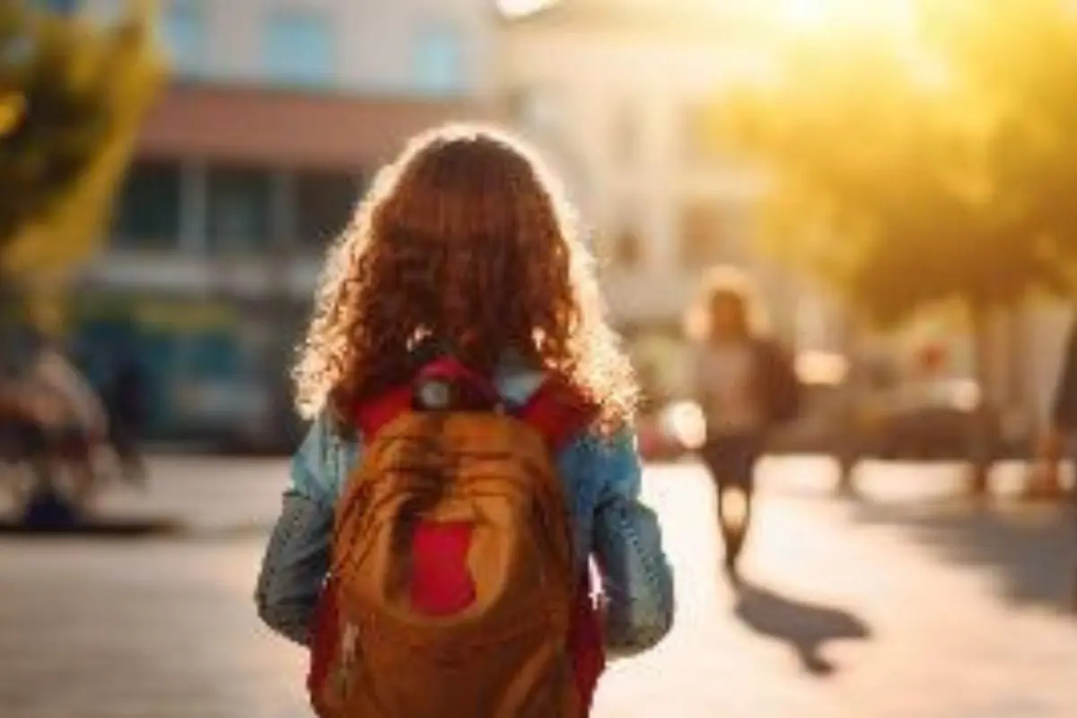Niña de espaldas con mochila caminando por la ciudad al atardecer
