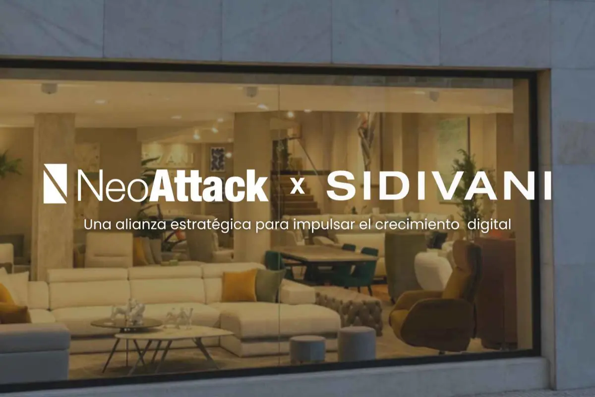 Escaparate de tienda de muebles modernos con logotipo NeoAttack x SIDIVANI y texto de alianza estratégica para impulsar el crecimiento digital Escaparate de tienda de muebles modernos con logotipo NeoAttack x SIDIVANI y texto de alianza estratégica para impulsar el crecimiento digital
