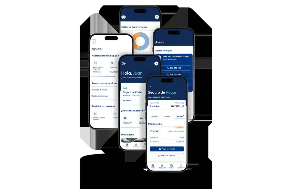 Varios teléfonos móviles muestran la interfaz de una app de seguros en español con pantallas de ayuda asesor inversiones y gestión de pólizas de coche y hogar