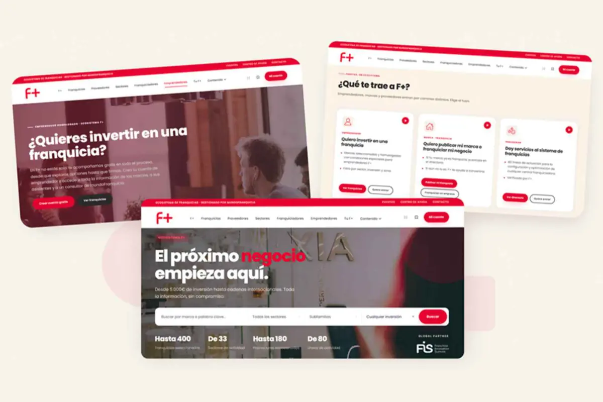 Diseño de la página web de F+ con varias pantallas en tonos rojo y blanco que muestran información y opciones para invertir en franquicias y encontrar nuevos negocios