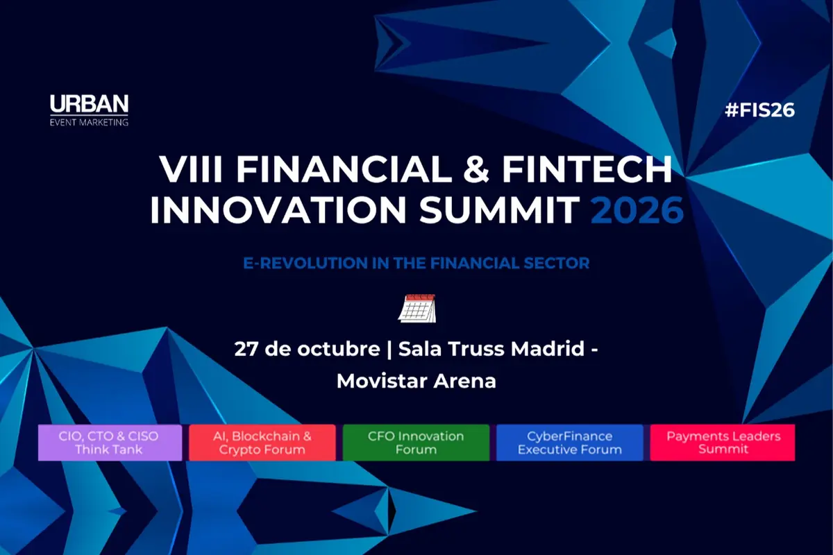 Banner del VIII Financial & Fintech Innovation Summit 2026 en Madrid con fecha 27 de octubre en la Sala Truss Movistar Arena y menciones a foros sobre CIO CTO CISO IA blockchain criptomonedas innovación de CFO ciberfinanzas y líderes de pagos