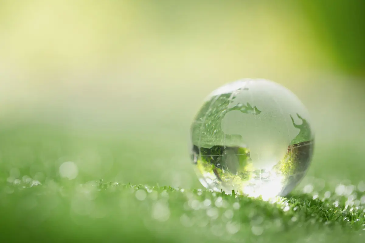 Globo de cristal con mapa del mundo apoyado sobre césped verde y desenfoque de fondo que evoca sostenibilidad ambiental