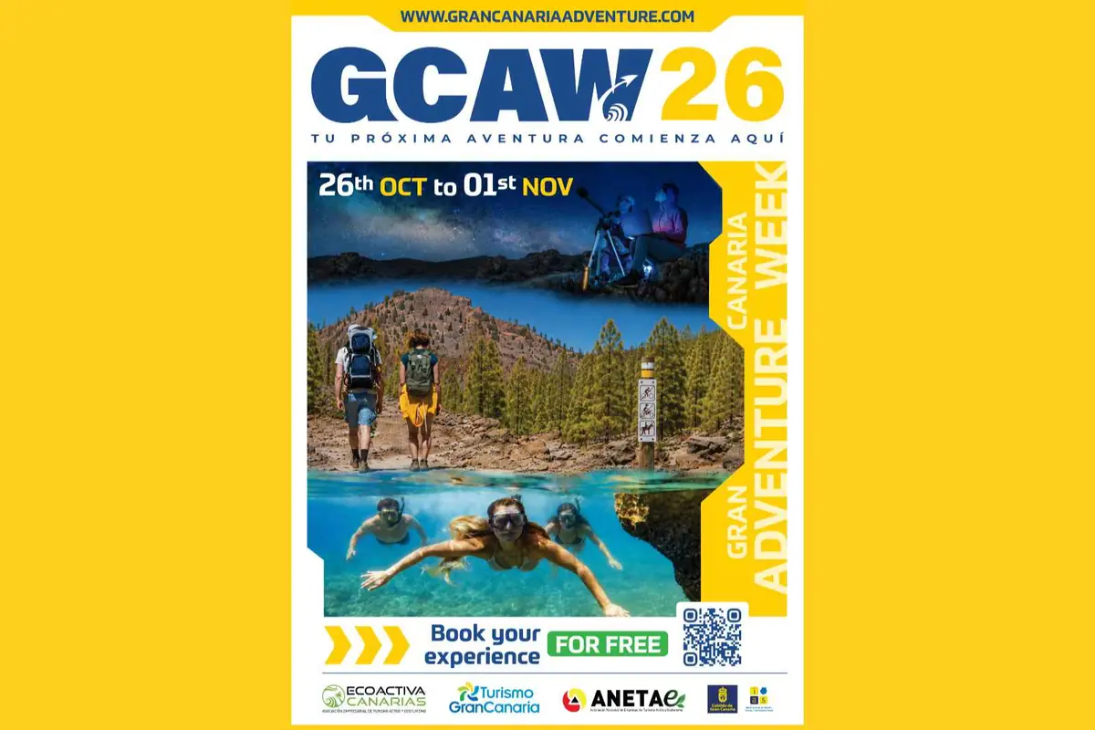 Cartel promocional del evento GCAW26 Gran Canaria Adventure Week con imágenes de senderismo, observación de estrellas y buceo en la isla de Gran Canaria y texto que invita a reservar la experiencia gratis entre el 26 de octubre y el 1 de noviembre