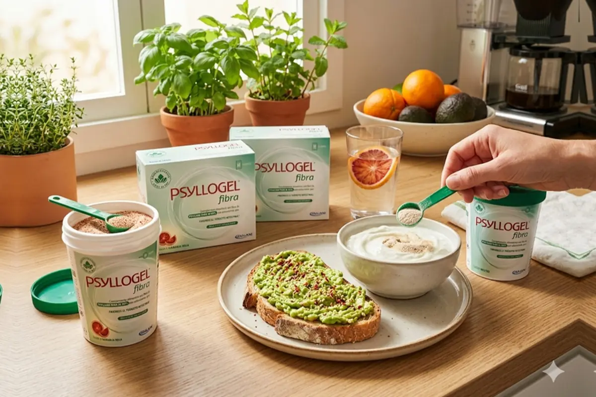 Desayuno saludable en cocina luminosa con tostada de aguacate, bol de yogur al que se añade suplemento de fibra Psyllogel, vasos y envases del producto sobre la mesa, plantas aromáticas en macetas y frutero al fondo