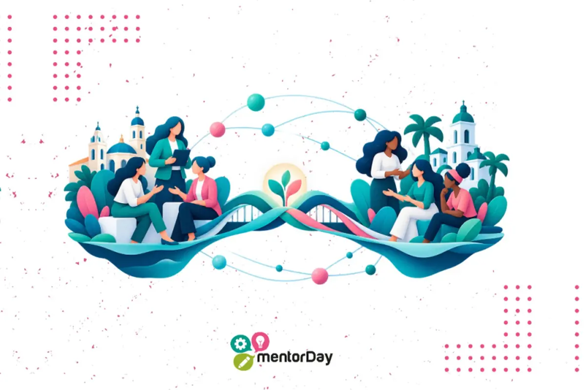Ilustración de grupos de personas conversando y colaborando en entornos urbanos con vegetación conectados por formas onduladas y esferas que simbolizan redes de innovación sobre el logotipo de mentorDay