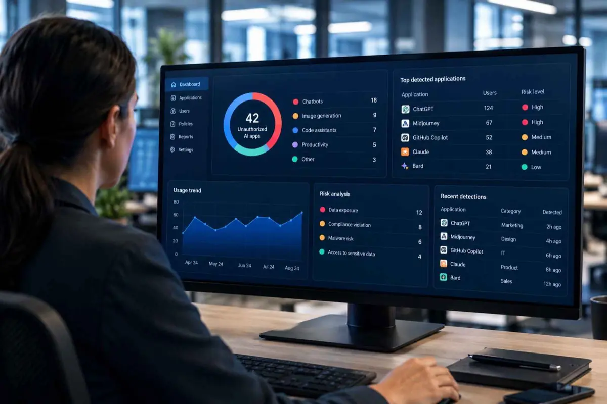 Persona de espaldas trabajando en una oficina frente a un monitor grande que muestra un panel de control con gráficos de uso análisis de riesgos y aplicaciones de inteligencia artificial detectadas