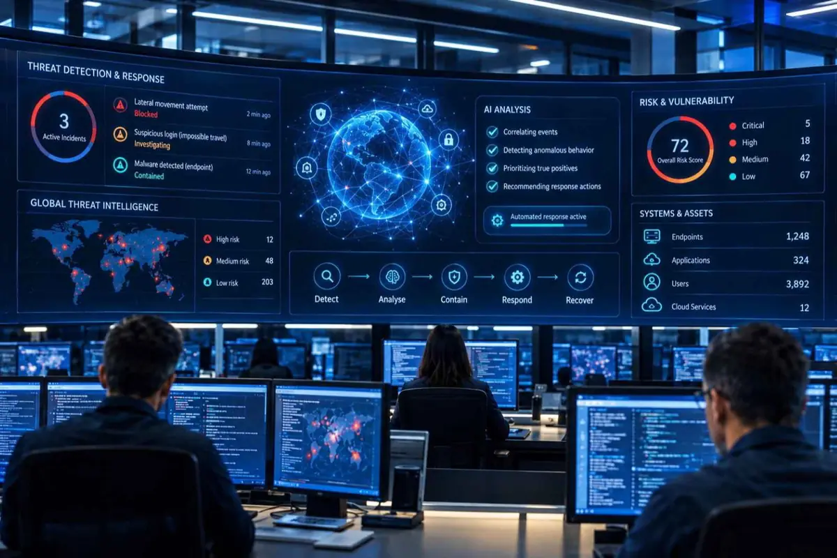 Centro de operaciones de ciberseguridad con varios analistas trabajando frente a monitores mientras una gran pantalla muestra paneles de análisis de amenazas globales, inteligencia de riesgos y estado de sistemas y activos