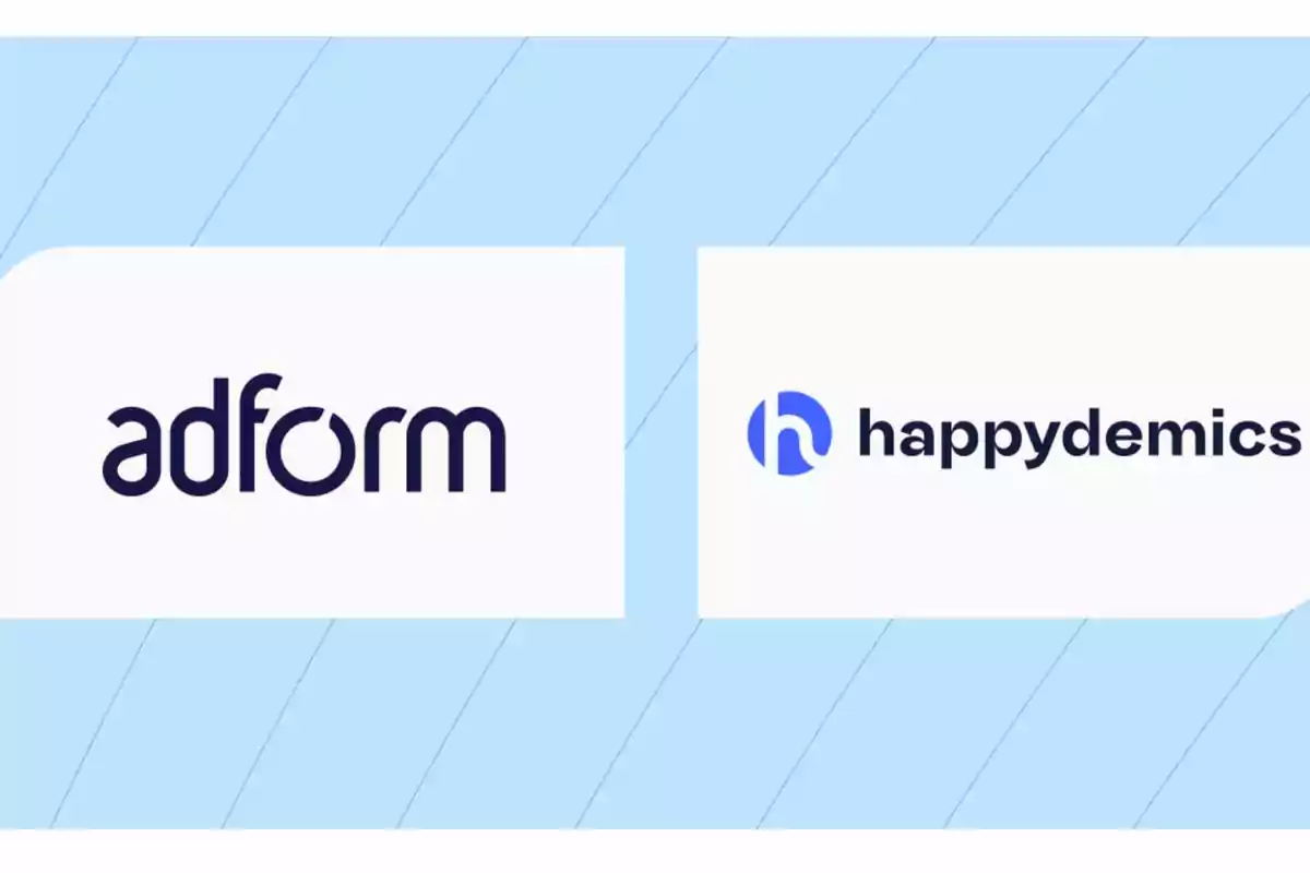 Logotipos de Adform y Happydemics sobre un fondo azul claro.