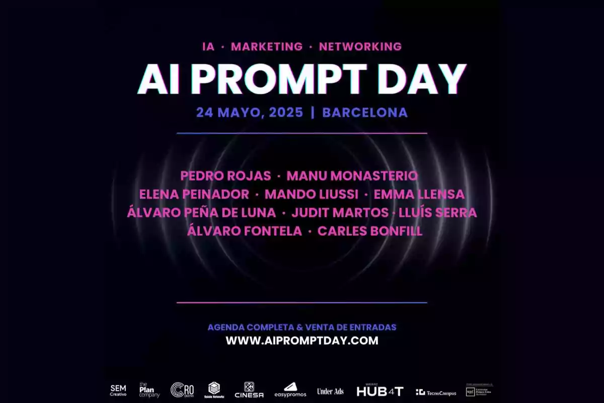 Imagen promocional del evento AI Prompt Day que se llevará a cabo el 24 de mayo de 2025 en Barcelona, destacando temas de IA, marketing y networking, con una lista de ponentes y un enlace para más información.