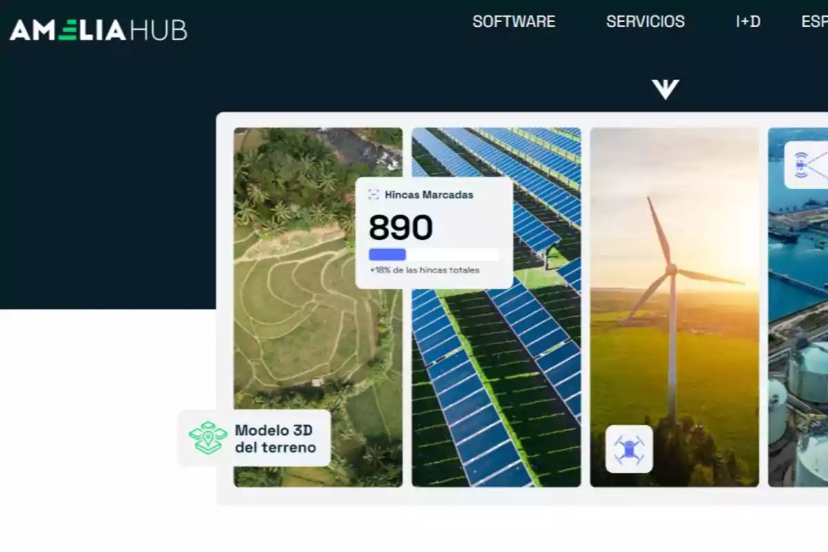 Vista de la página de Amelia Hub mostrando imágenes de un modelo 3D del terreno, paneles solares, un aerogenerador y un puerto industrial, con un contador de hincas marcadas en el centro