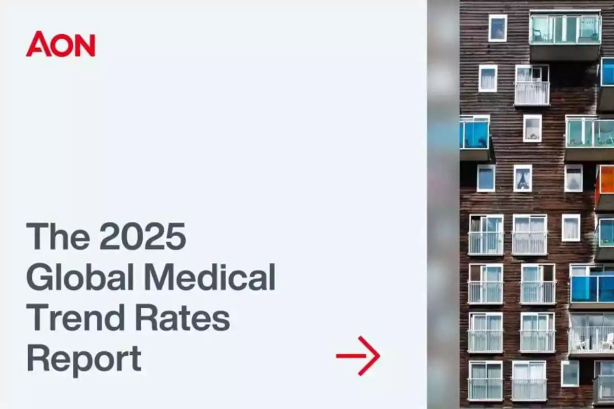 Portada del informe "The 2025 Global Medical Trend Rates Report" de AON con una imagen de un edificio moderno.