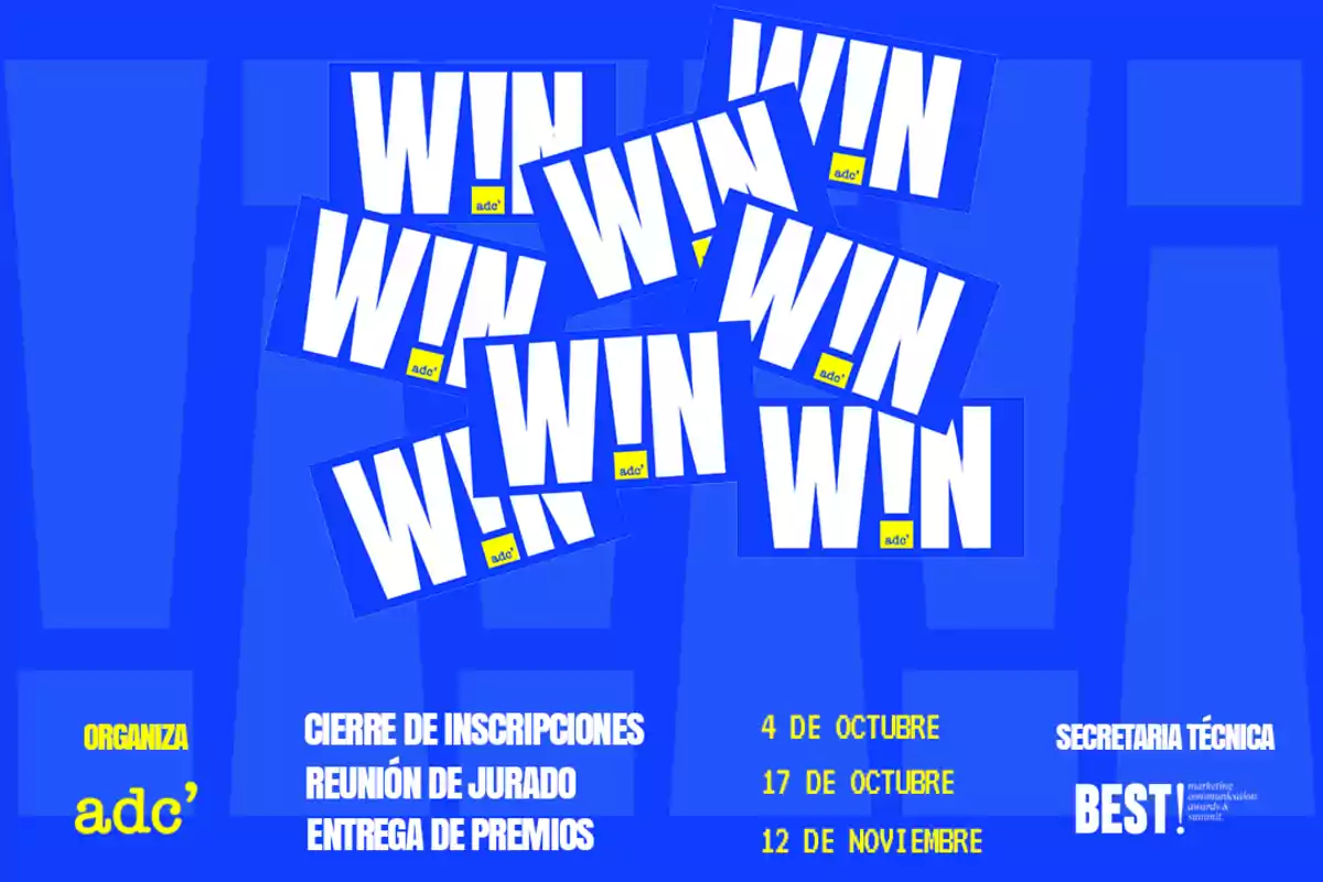 Cartel azul con la palabra "WIN" repetida en letras blancas, acompañado de información sobre fechas de cierre de inscripciones, reunión de jurado y entrega de premios, organizado por adc'.