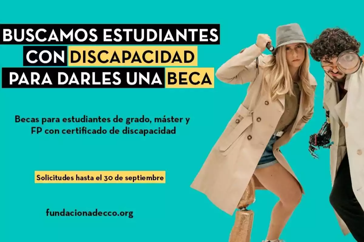 Buscamos estudiantes con discapacidad para darles una beca. Becas para estudiantes de grado, máster y FP con certificado de discapacidad. Solicitudes hasta el 30 de septiembre. fundacionadecco.org