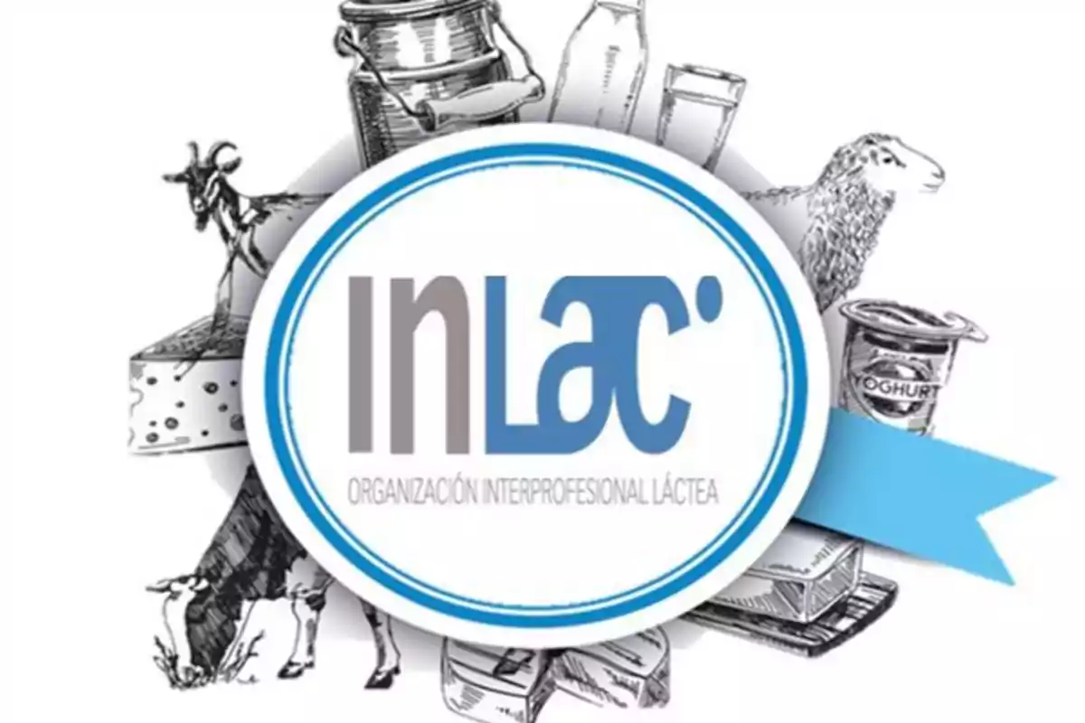 Logo de InLac con ilustraciones de productos lácteos y animales alrededor.