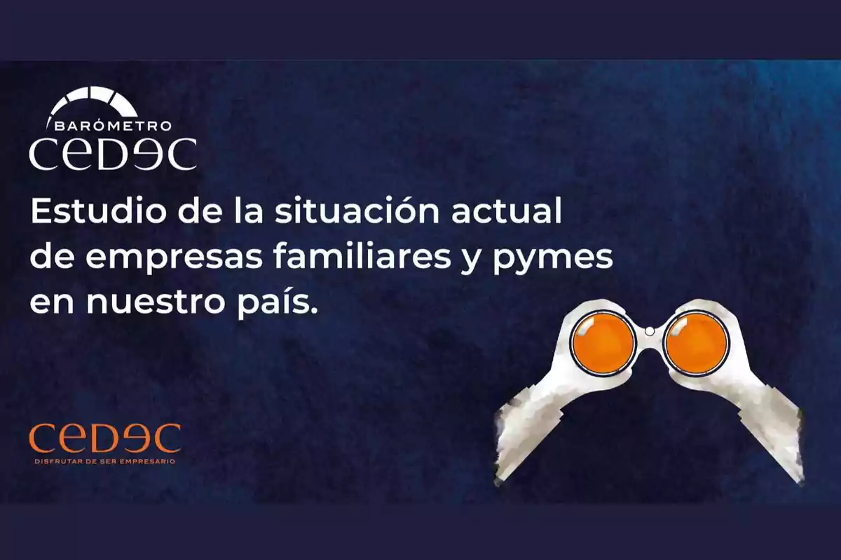 Imagen de un estudio sobre la situación actual de empresas familiares y pymes en el país, con el logo de CEDEC y un par de binoculares.