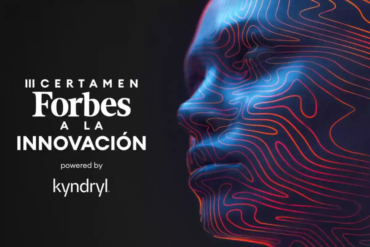 Cartel del III Certamen Forbes a la Innovación con un diseño de rostro humanoide en tonos azules y líneas naranjas.