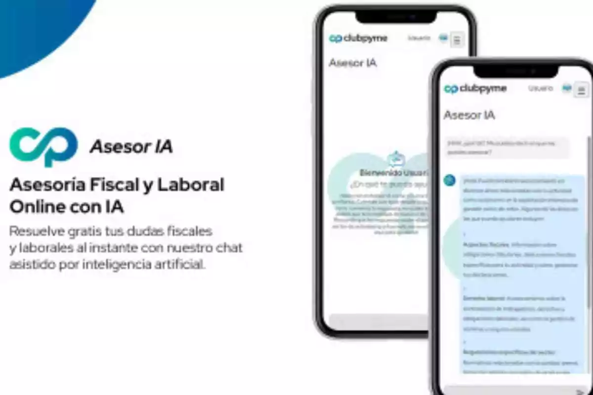 Imagen de promoción de un servicio de asesoría fiscal y laboral online con inteligencia artificial, mostrando dos teléfonos móviles con la aplicación abierta.