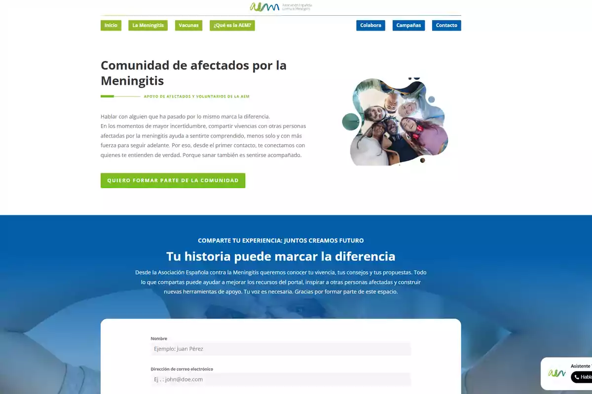 Página web de la Asociación Española contra la Meningitis con información sobre la comunidad de afectados, un formulario para compartir experiencias y opciones de colaboración.