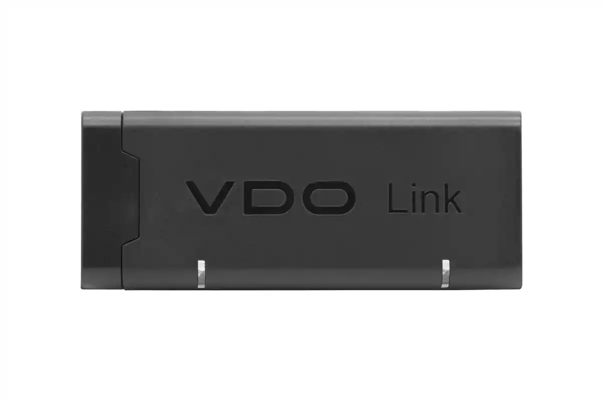 Un dispositivo rectangular negro con la inscripción "VDO Link" en su superficie.