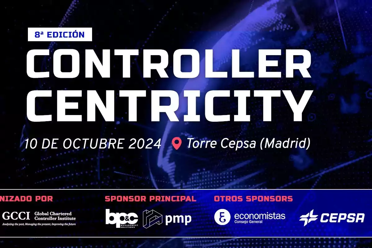 Imagen promocional de la 8ª edición de Controller Centricity que se celebrará el 10 de octubre de 2024 en la Torre Cepsa en Madrid organizada por GCCI con Bp&c como sponsor principal y otros sponsors como Economistas y Cepsa.