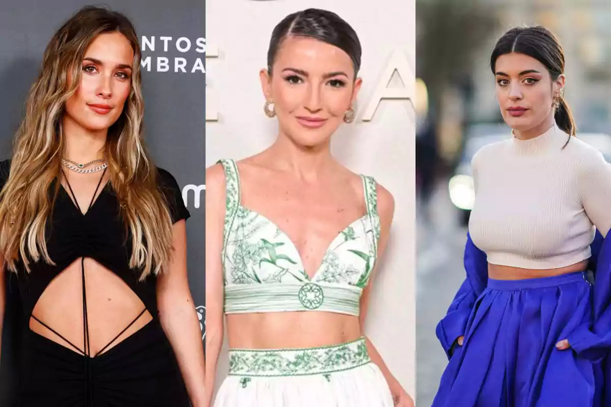 Tres mujeres posando en diferentes eventos, una con un vestido negro con aberturas, otra con un conjunto blanco y verde, y la tercera con un top blanco y falda azul.