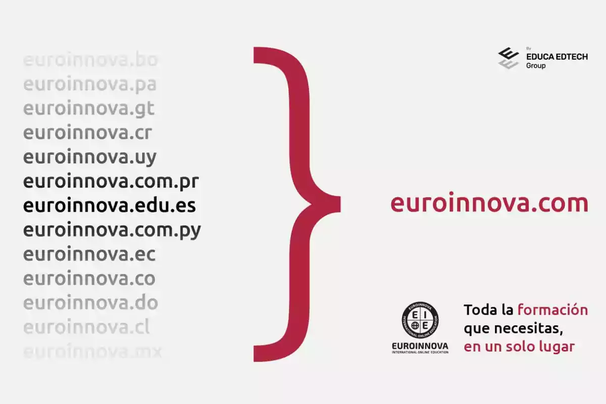 Lista de dominios de Euroinnova: euroinnova.bo, euroinnova.pa, euroinnova.gt, euroinnova.cr, euroinnova.uy, euroinnova.com.pr, euroinnova.edu.es, euroinnova.com.py, euroinnova.ec, euroinnova.co, euroinnova.do, euroinnova.cl, euroinnova.mx. Euroinnova.com: Toda la formación que necesitas, en un solo lugar.