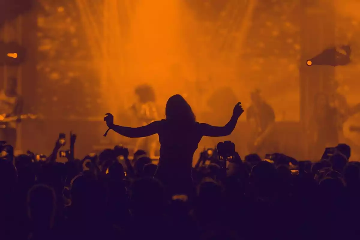 Persona disfrutando de un concierto con luces naranjas y una multitud en el fondo.