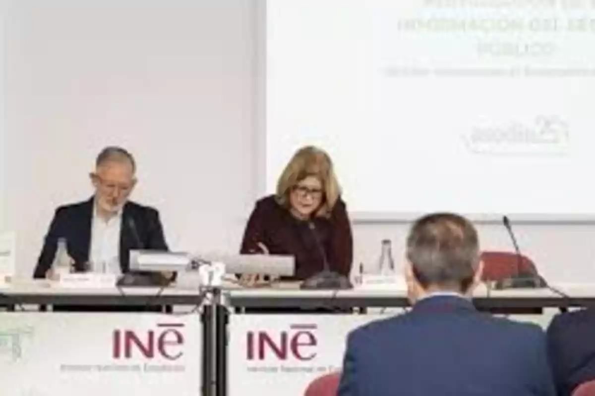 Personas sentadas en una mesa durante una conferencia del Instituto Nacional de Estadística.