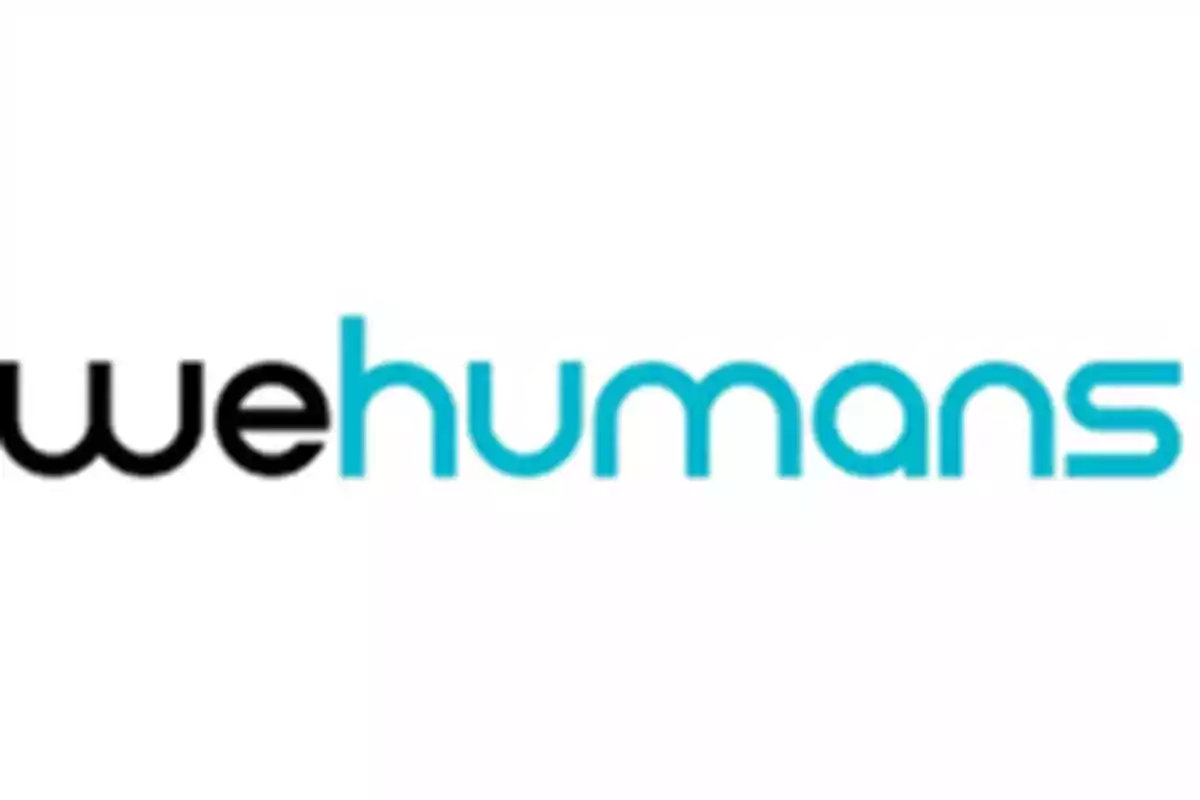 Logo de "wehumans" con texto en negro y azul sobre fondo blanco.