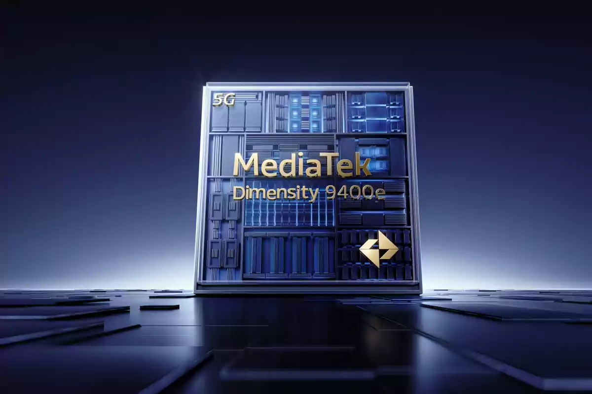 Chip MediaTek Dimensity 9400e con tecnología 5G en un entorno futurista.