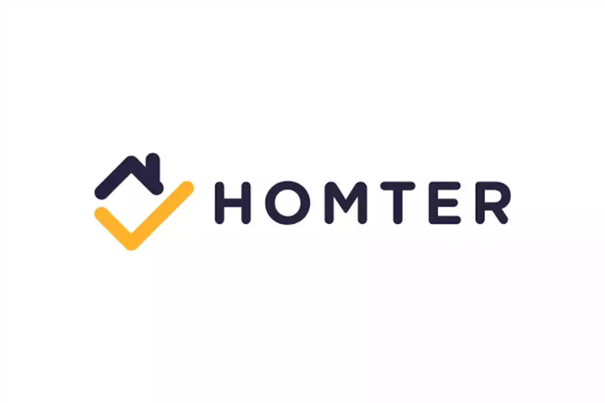 Logo de Homter con una casa y una marca de verificación en amarillo.