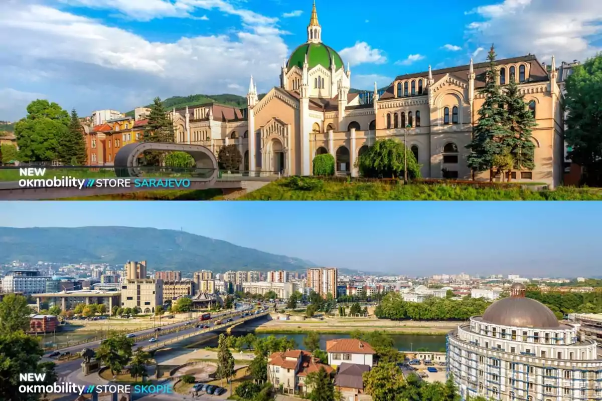 La imagen muestra dos vistas panorámicas de ciudades europeas, la parte superior presenta un edificio histórico con una cúpula verde en Sarajevo, mientras que la parte inferior muestra una vista urbana de Skopie con un río y varios edificios modernos.