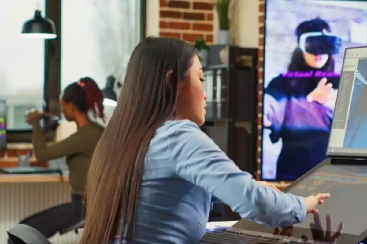 Mujer trabajando en una computadora de pantalla táctil en una oficina moderna con otra persona al fondo usando un visor de realidad virtual.