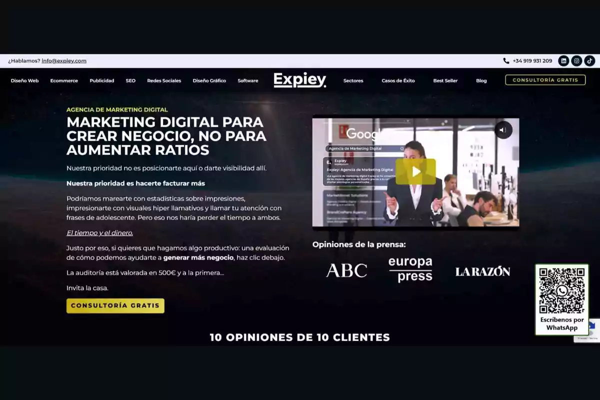 Página web de una agencia de marketing digital llamada Expiey que ofrece servicios para crear negocio y no solo aumentar ratios, destacando su prioridad en hacer facturar más a sus clientes y ofreciendo una consultoría gratuita.