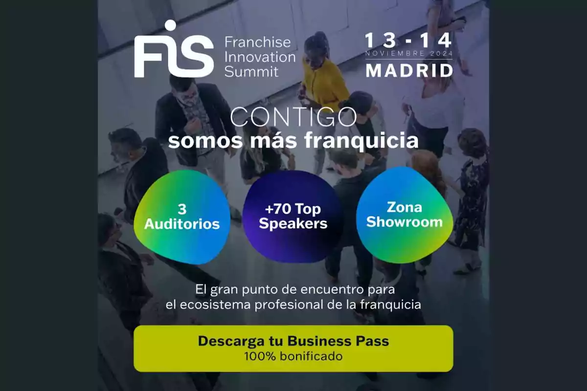 Imagen promocional del Franchise Innovation Summit en Madrid el 13 y 14 de noviembre de 2024, destacando 3 auditorios, más de 70 ponentes destacados y una zona showroom, con la invitación a descargar un Business Pass bonificado al 100%.