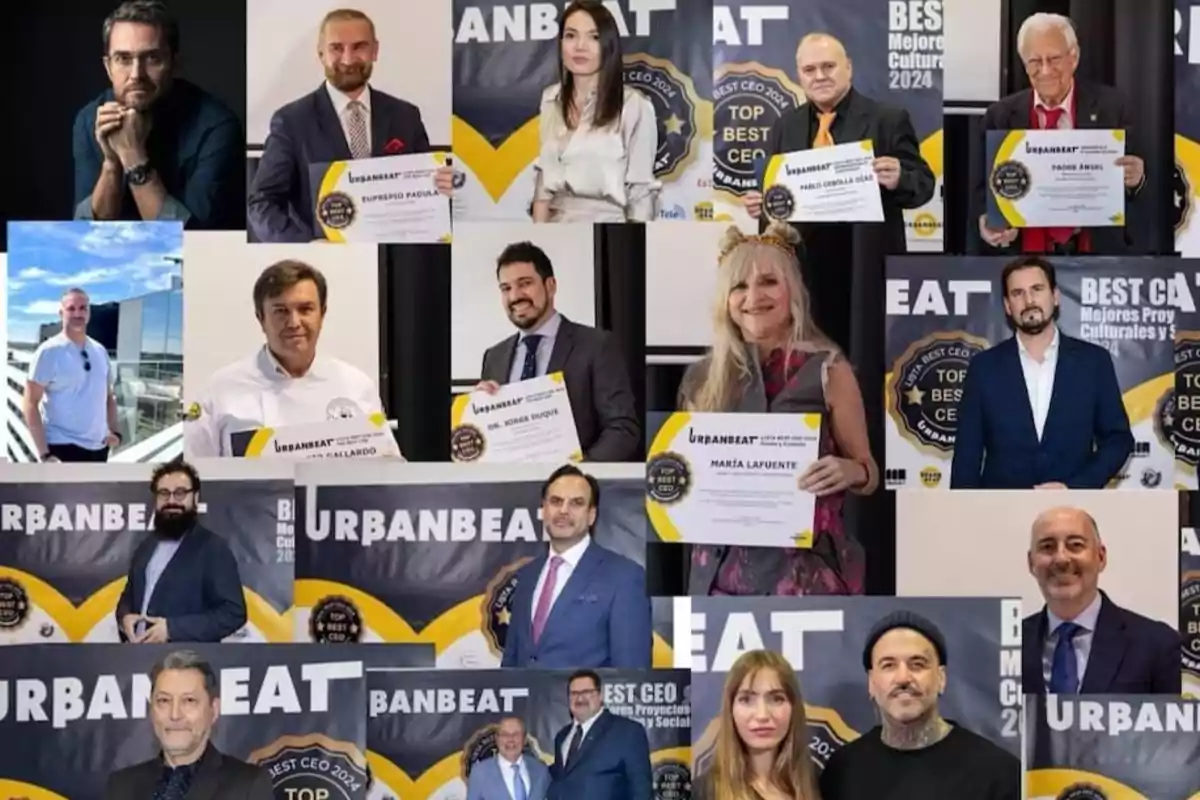 Un collage de personas posando con certificados de reconocimiento en un evento de premiación de Urbanbeat.