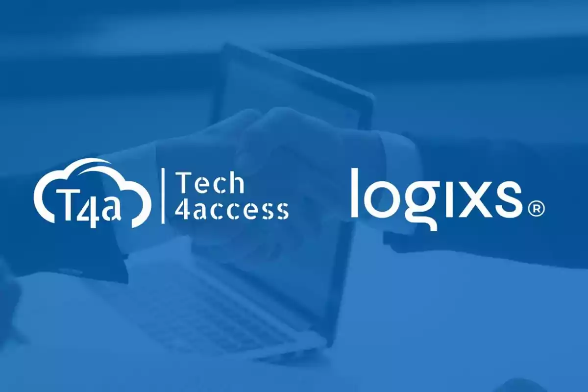 Logotipos de Tech 4 Access y Logixs sobre un fondo azul con un apretón de manos.