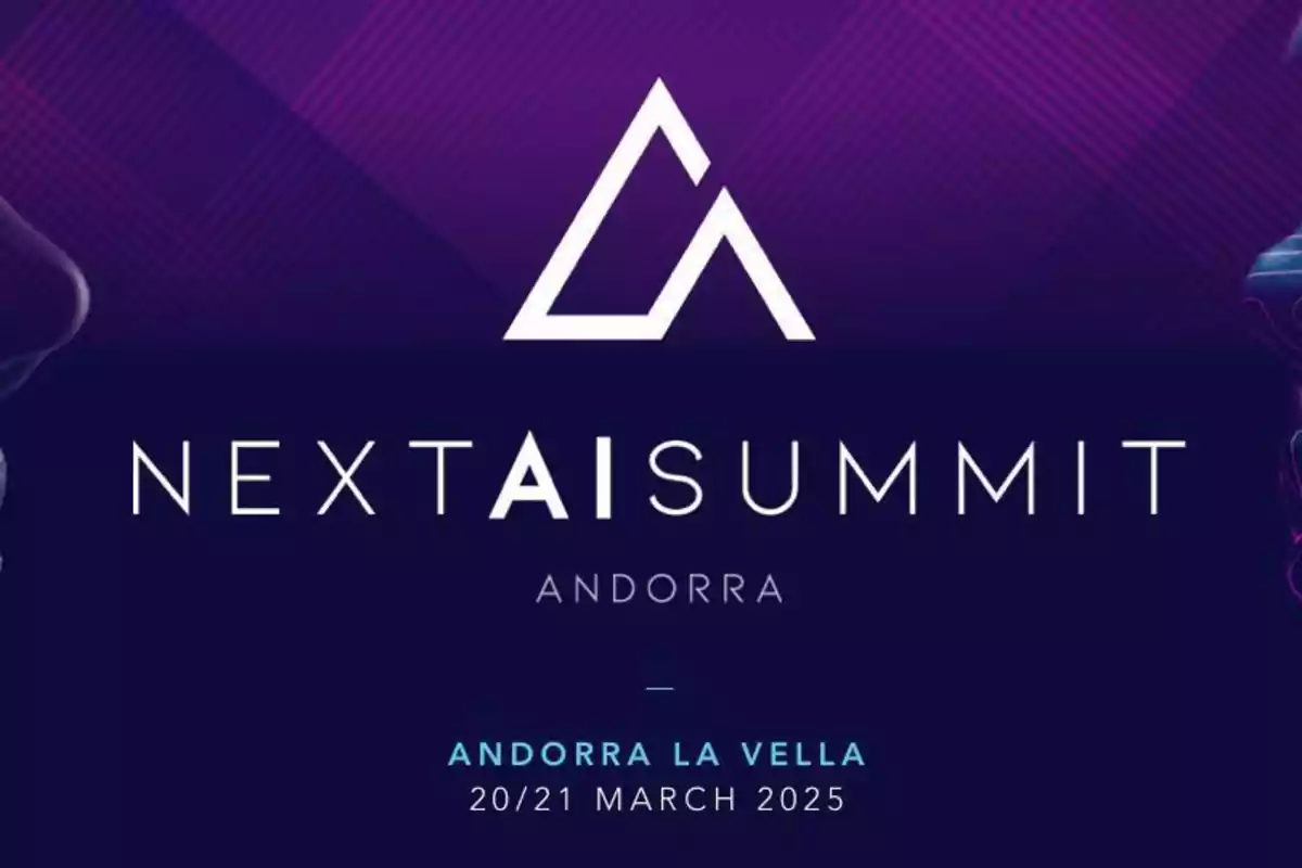 Cartel del evento Next AI Summit en Andorra la Vella, programado para el 20 y 21 de marzo de 2025, con un diseño de fondo en tonos morados y un logotipo geométrico en la parte superior.